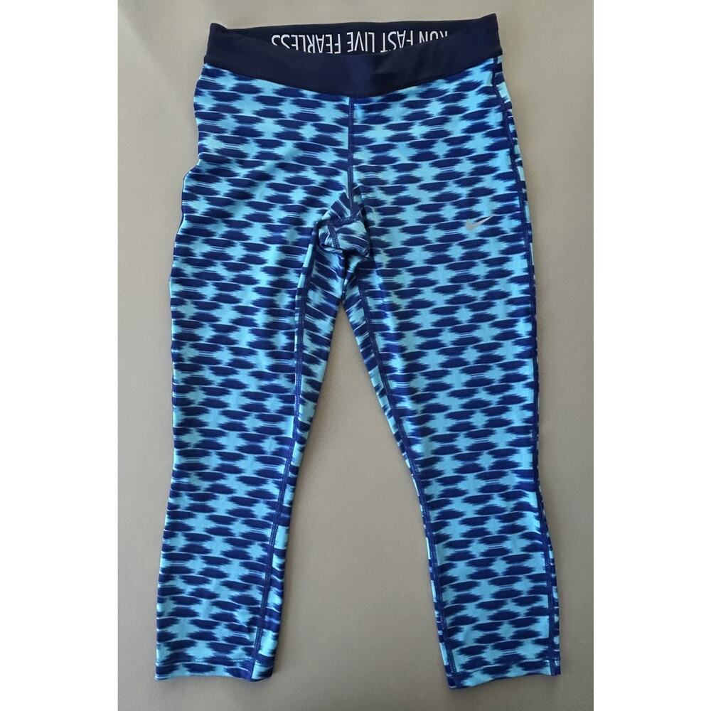 Nike Dri Fit Running Crop Foldover Legging Capri Pocket Womens Small Blue Print